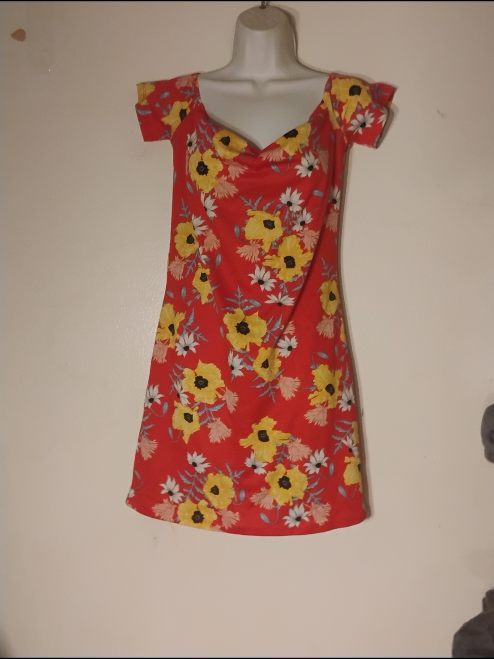 Divided Red Mini Dress with Yellow Floral Print Womens Size 14.